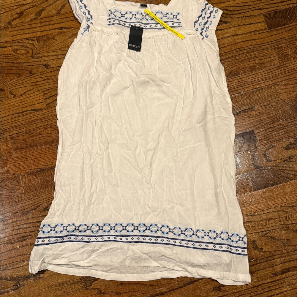 White and Blue Embroidered Midi Dress
